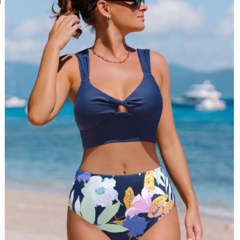 NWT, Popvil Floral Cutout Dark Blue Tankini Set